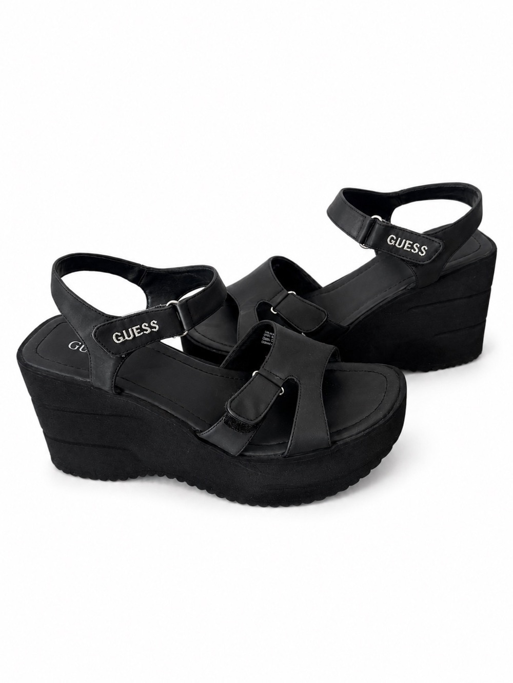 GUESS Black Platform Wedge Sandals 9.5 Adjustable Velcro Chunky Y2K 90s Summer